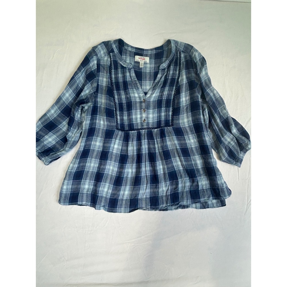 Wrangler Blue‎ Plaid Pintuck Peasant Top 3/4 Sleeve XL 1815407